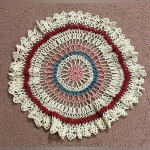 VTG HAND CROCHETED DOILY 16” White Pink Blue Red Vintage Handmade soiled
